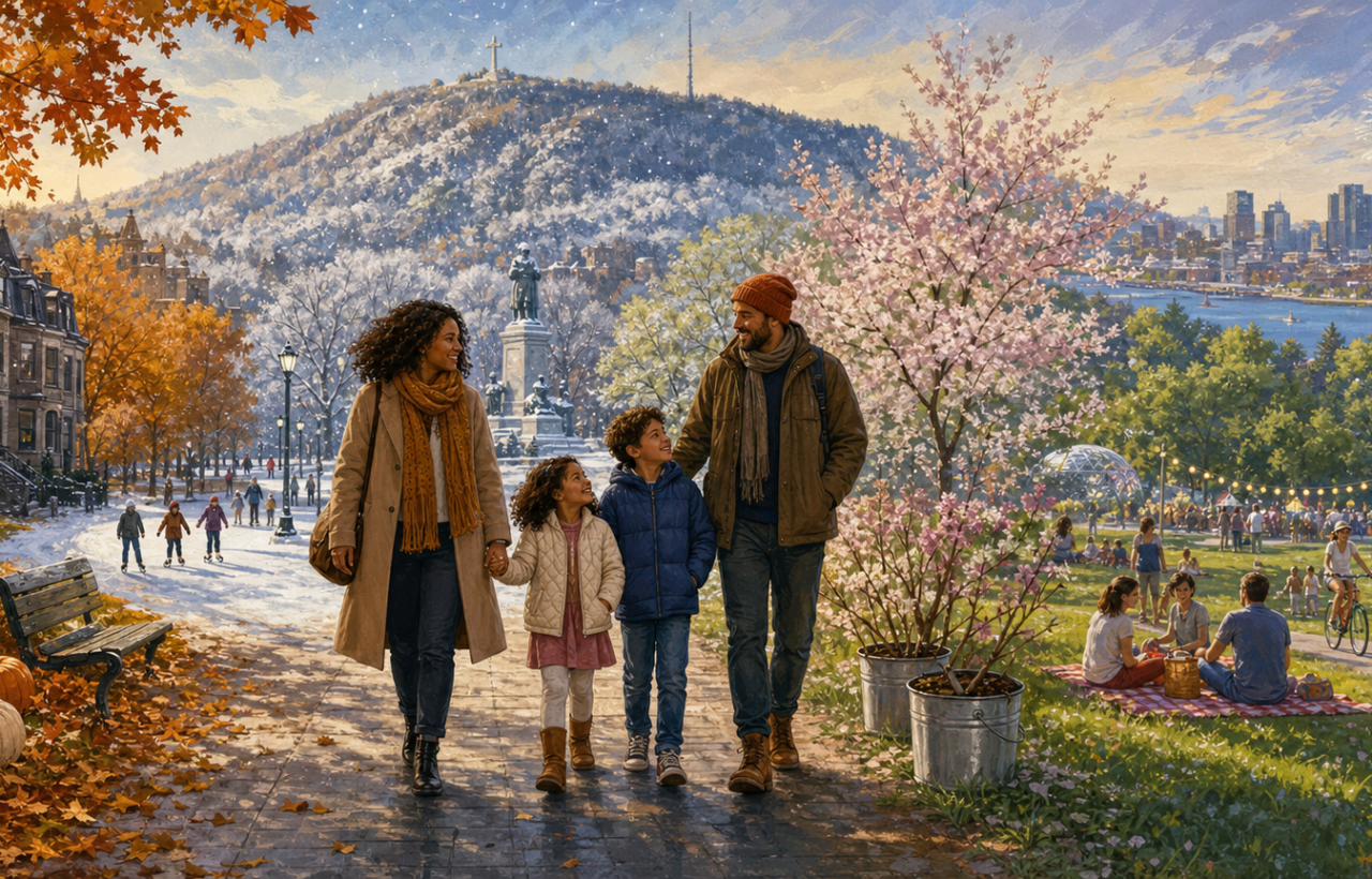 Illustrated Montreal family scene showing seasonal activities from autumn pumpkins to winter skating, spring maple season, and summer festivals.