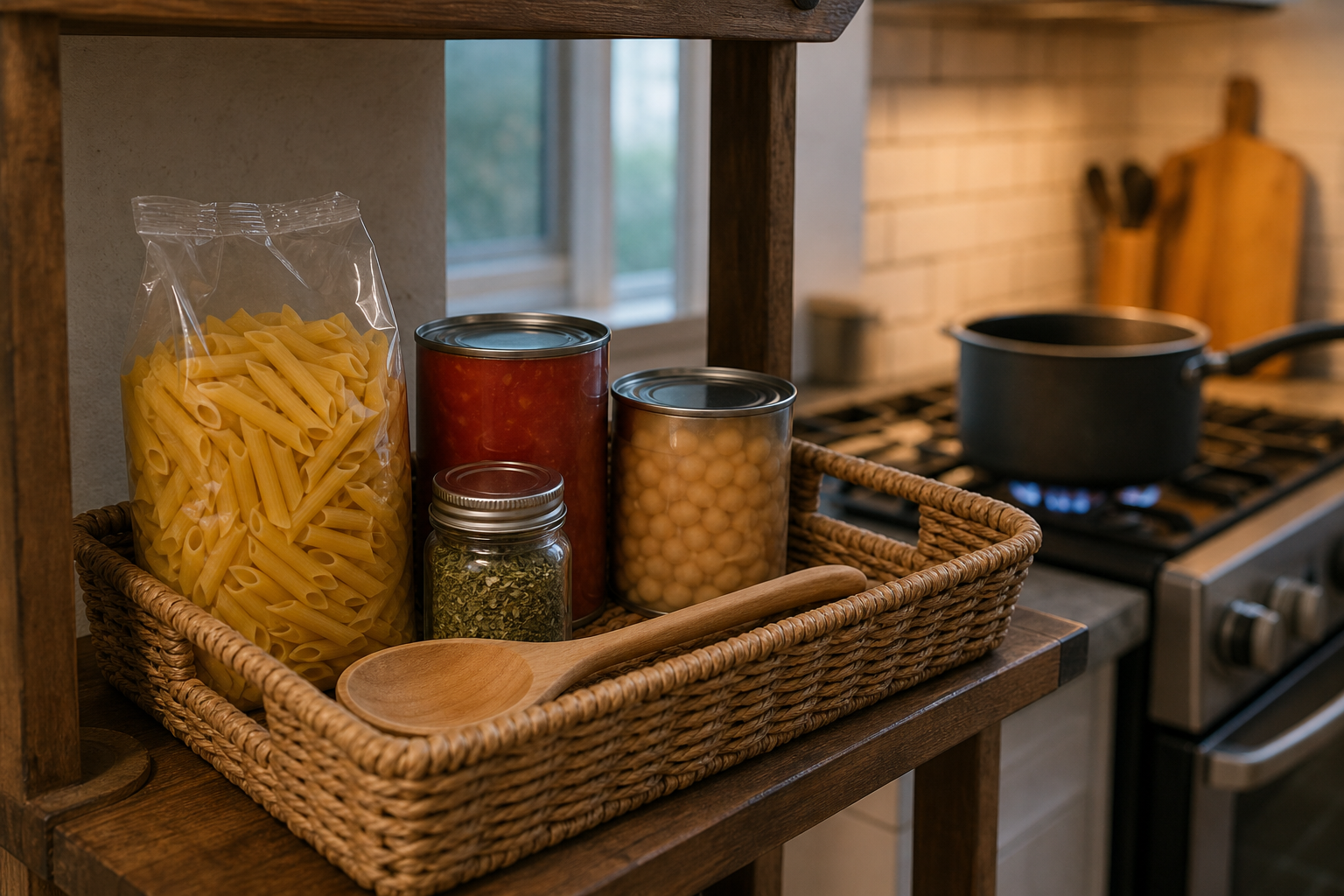 A pantry basket holds pasta, canned tomatoes, beans, and herbs near a saucepan ready on the stove.