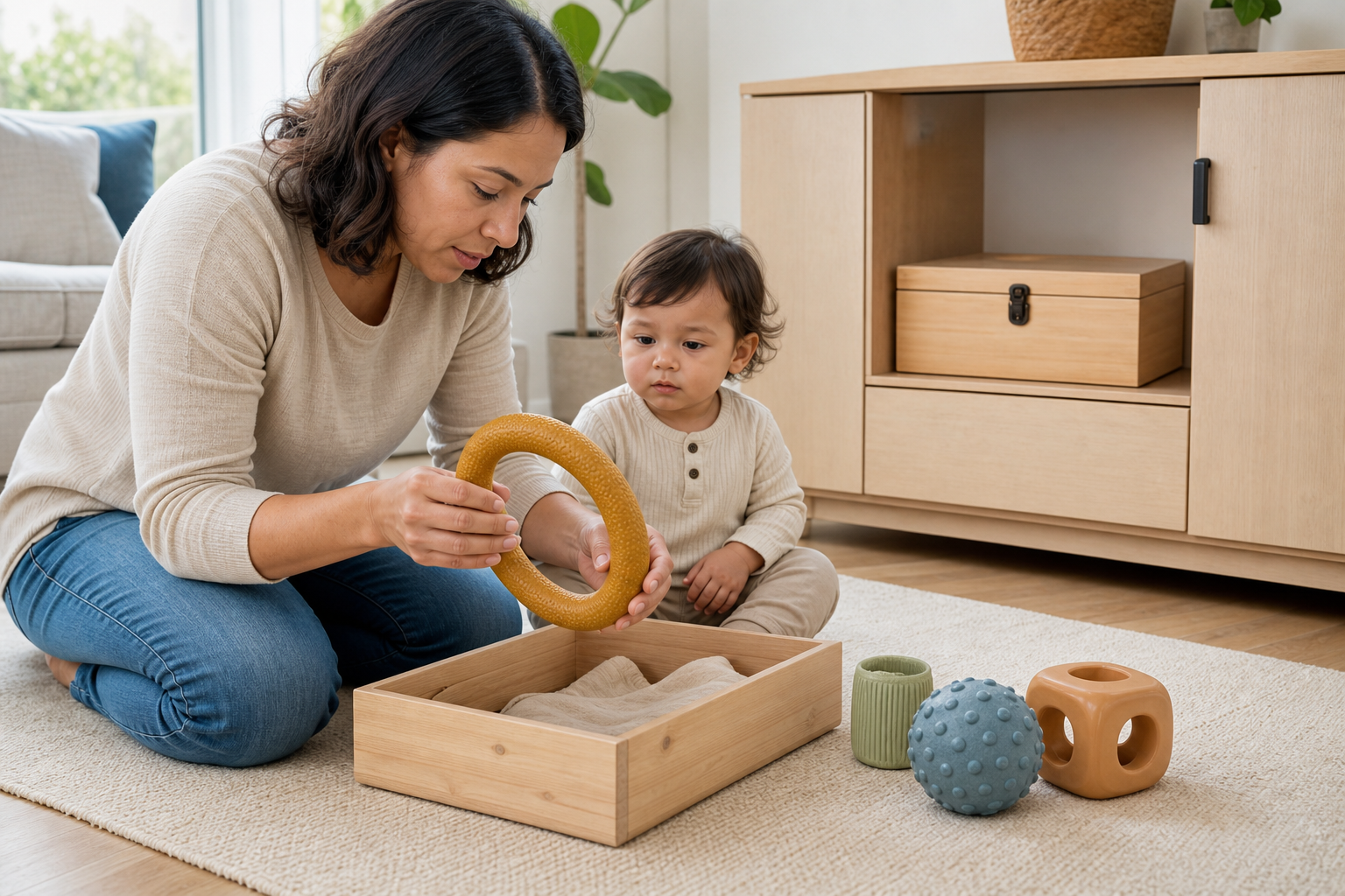A caregiver checks a large textured toy for damage beside a toddler, with a closed activity box stored in a high cabinet.