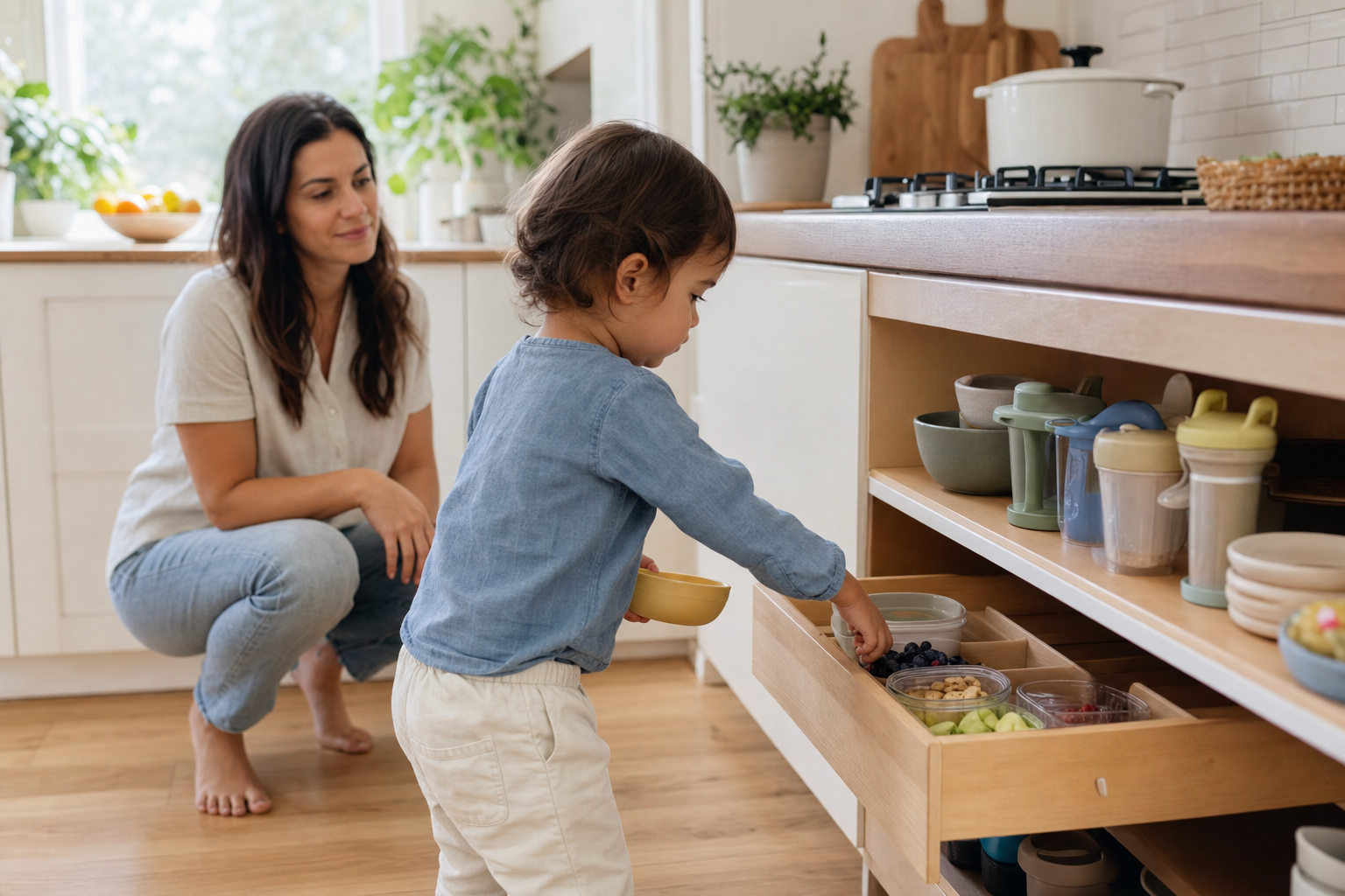 A child selects a bowl and snack container from child-height kitchen storage while a parent watches nearby.
