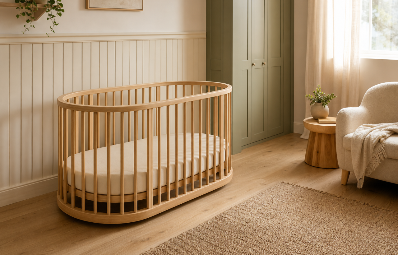 Rounded pale wood cot bed in a neutral nursery with an armchair, rug, storage and clear floor space around it.