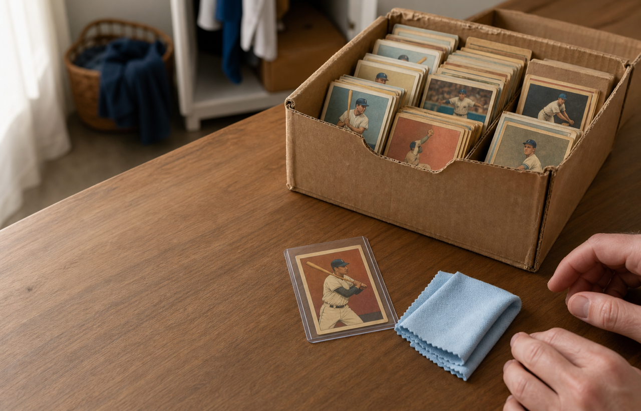 An old box of baseball cards sits on a wooden table beside a card protected in a clear archival sleeve.