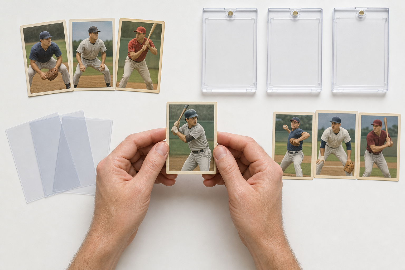 Clean hands hold a baseball card by its edges above a tidy sorting area with sleeves and card holders.