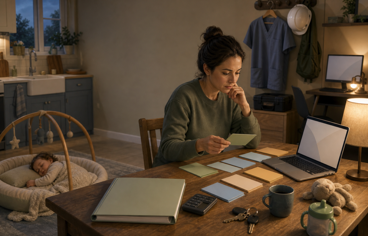A parent compares training and career options at a kitchen table while a toddler sleeps nearby.