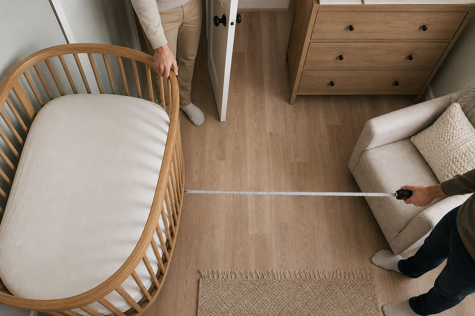 Adults check the walking and lifting space around a rounded cot bed in a compact nursery using a tape measure.