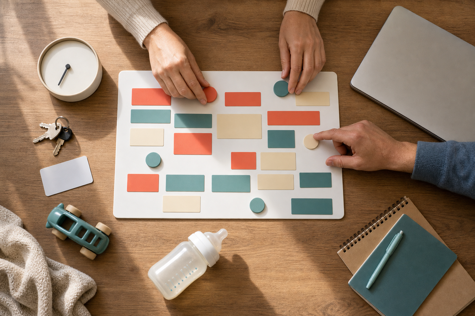 Hands arrange a blank color-coded family schedule beside child-care, travel, and study items.