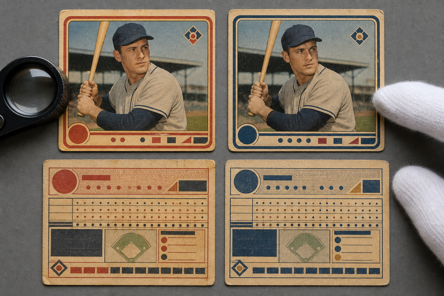 Two similar baseball cards with different borders and image crops are compared under a magnifying loupe.