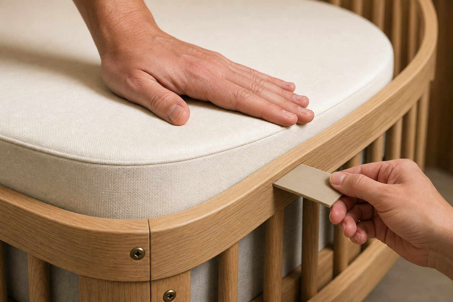 Hands inspect the narrow gap between a firm fitted mattress and the curved wooden frame of a cot bed.