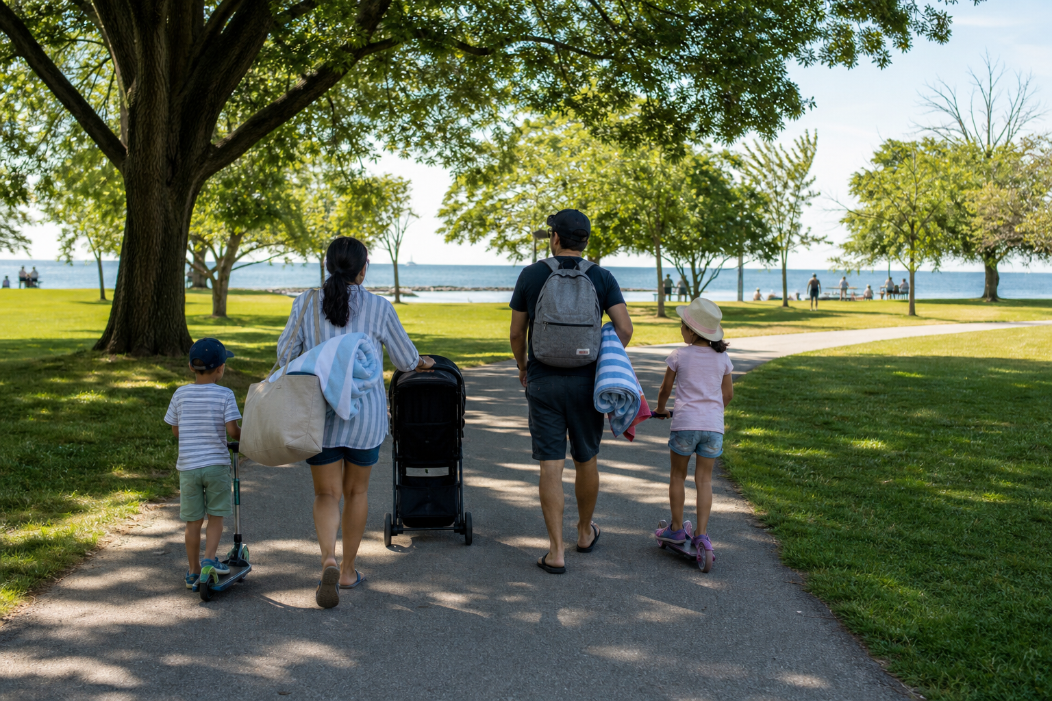 Parents and children walk with a stroller and picnic items on a shaded summer park path near the water.