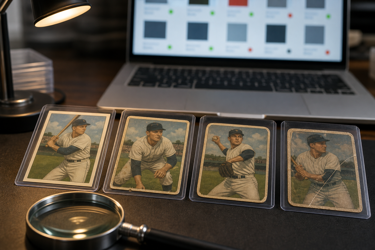 Sleeved baseball cards in different conditions are examined under an angled lamp beside a magnifier and laptop.