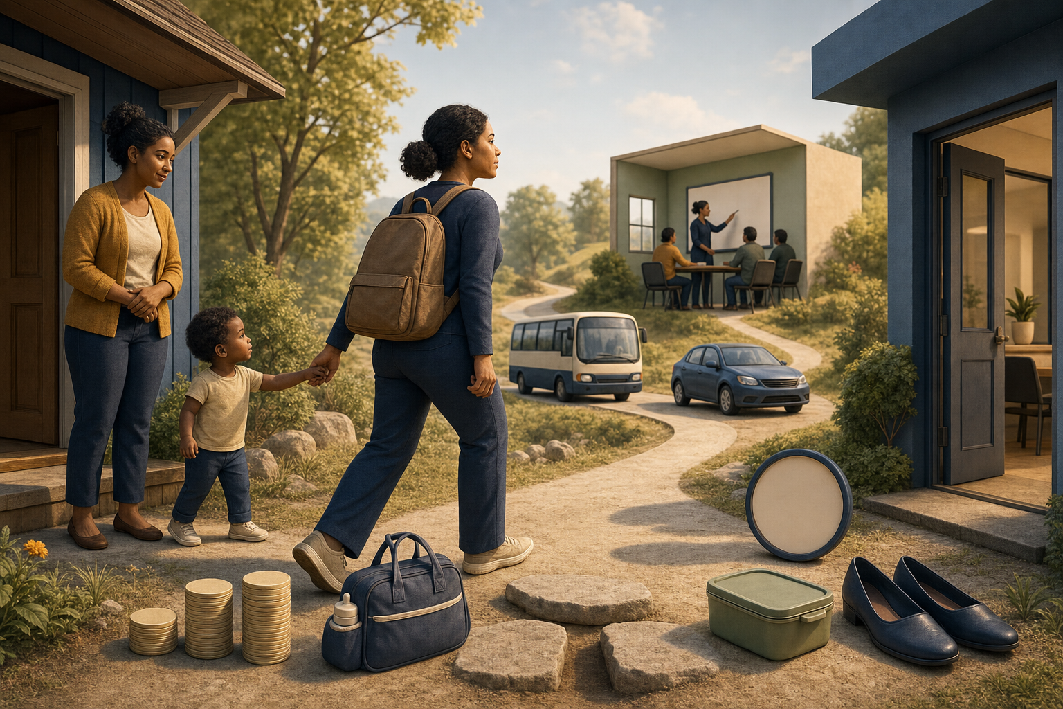 A caregiver follows a path from home through training to work, passing symbols of child care, travel, time, equipment, and lost income.