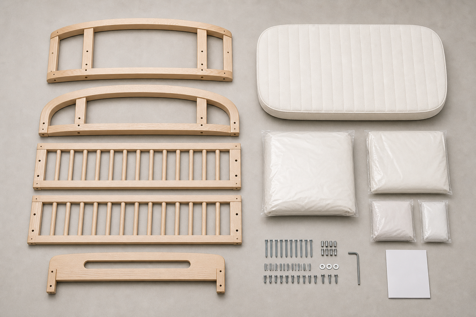 Convertible cot-bed parts, mattress, guard panel, hardware, tool and bedding essentials arranged neatly on a studio floor.