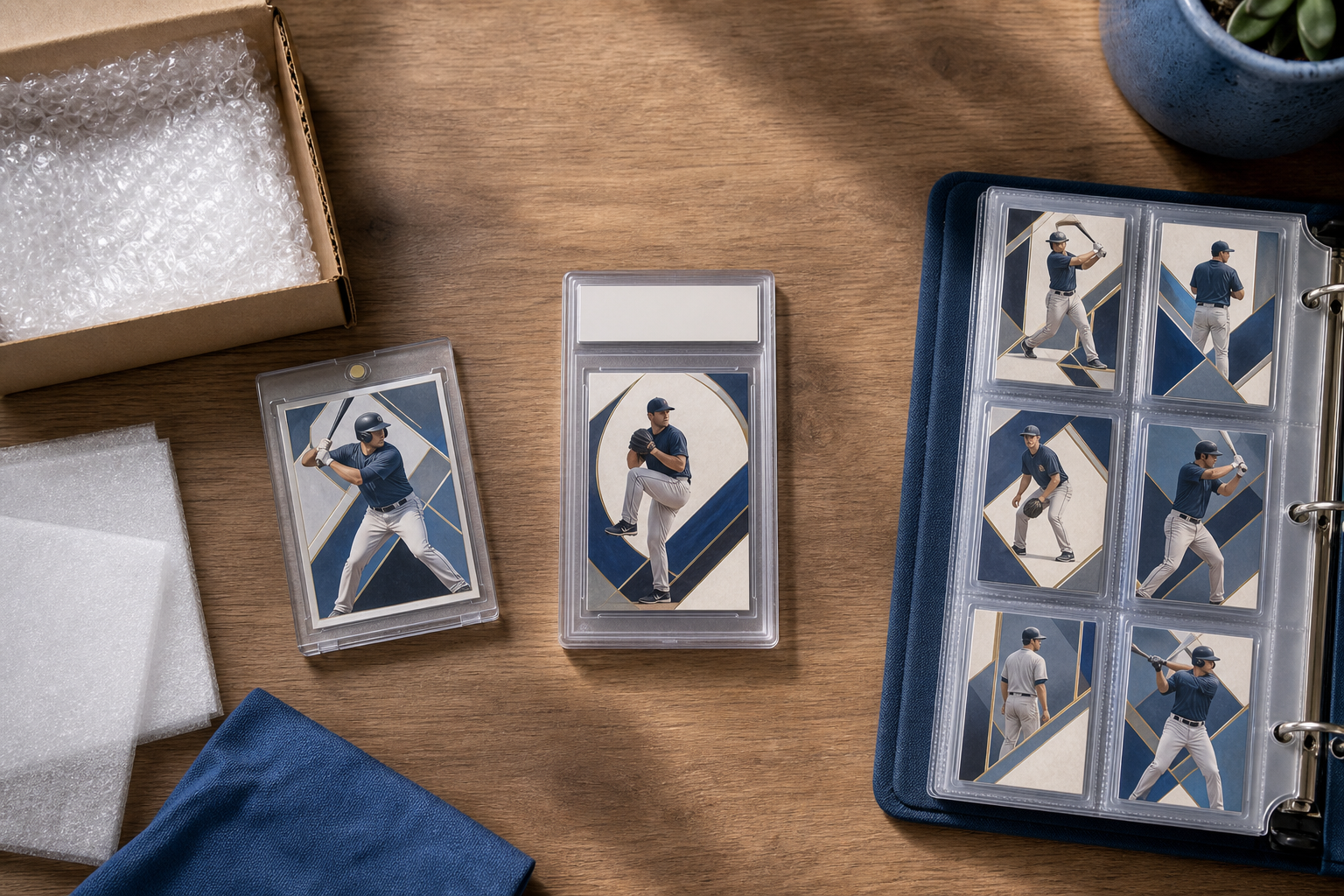 Protected baseball cards are arranged with a shipping box, a clear display holder, and an archival binder.