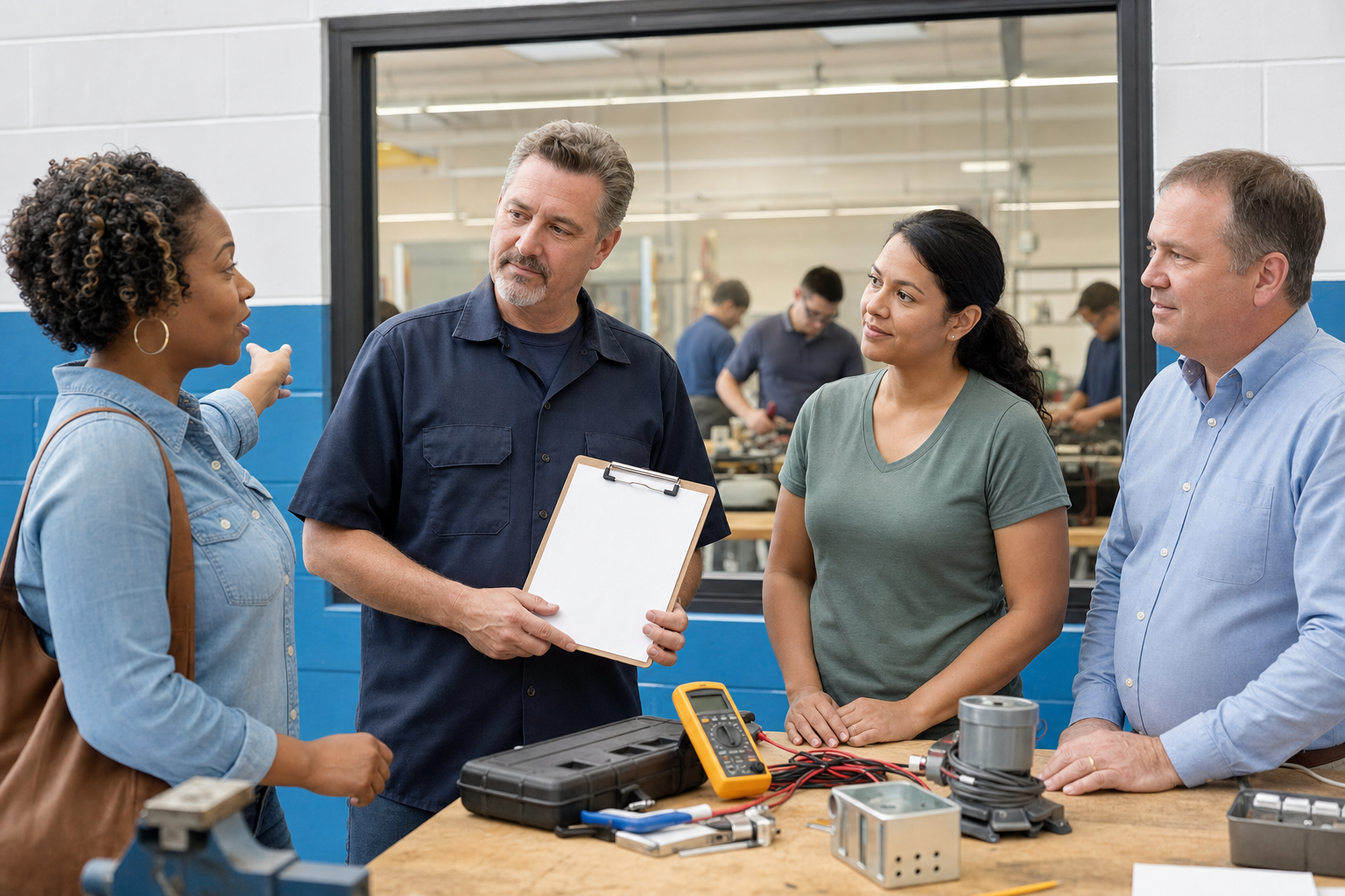 A prospective student talks with an instructor, a graduate, and a hiring supervisor inside a technical training workshop.
