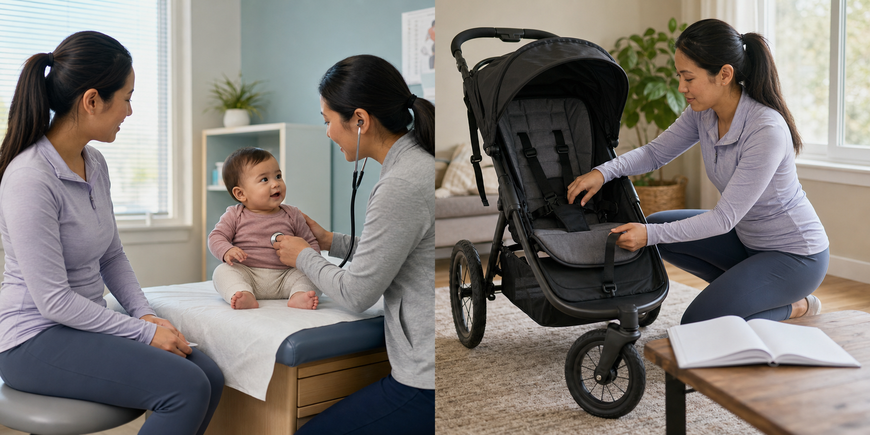 A caregiver consults a pediatric clinician about a baby's readiness and separately checks the safety features of a jogging stroller.