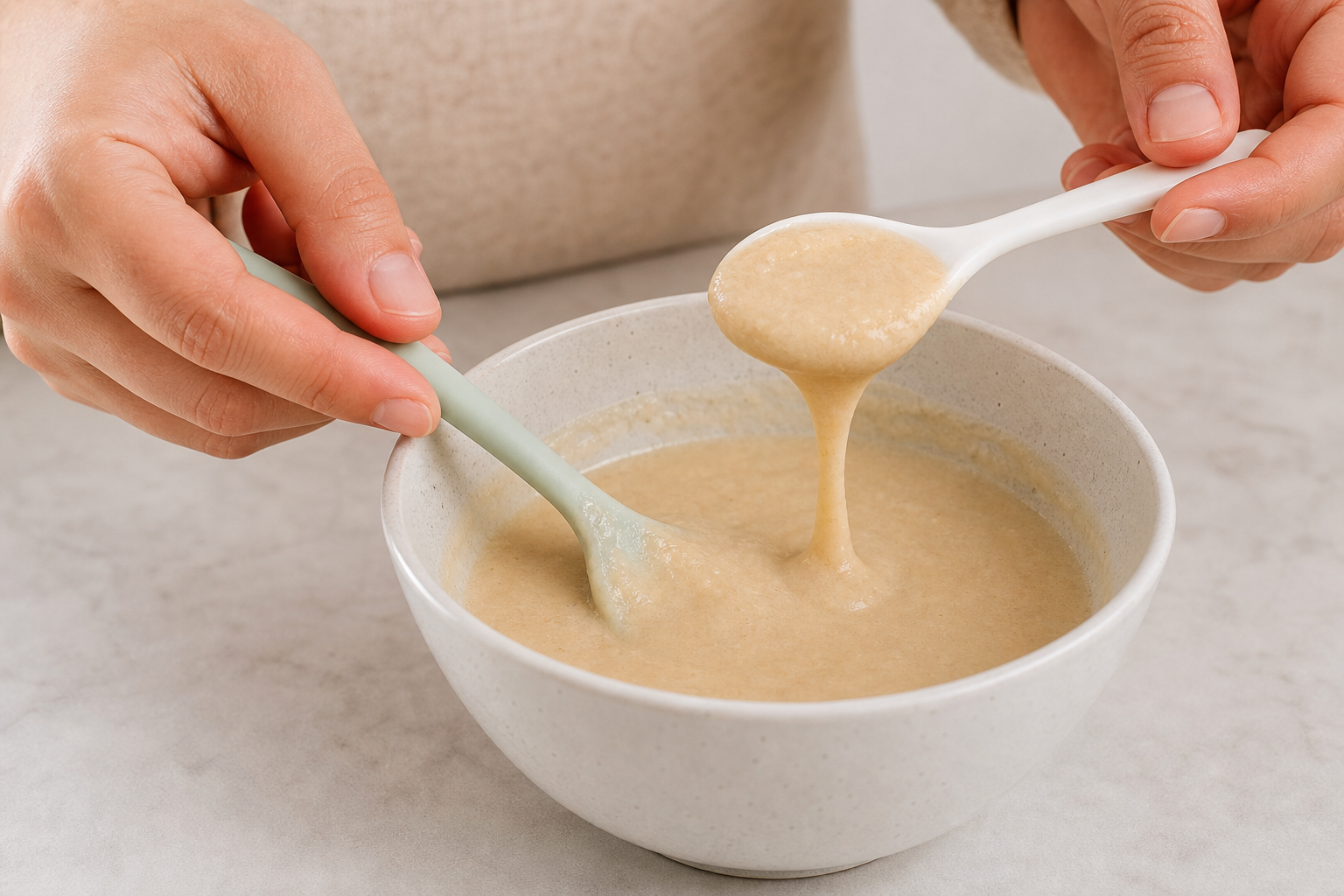 Hands stir smooth peanut butter into infant oatmeal to make a thin, evenly blended puree.