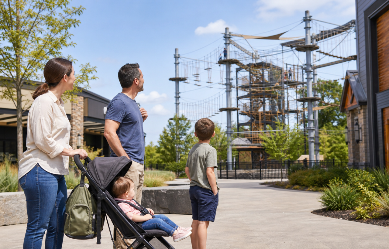 A family arrives at an adventure venue, with one adult caring for a toddler in a stroller while another adult and an older child prepare for an aerial activity.