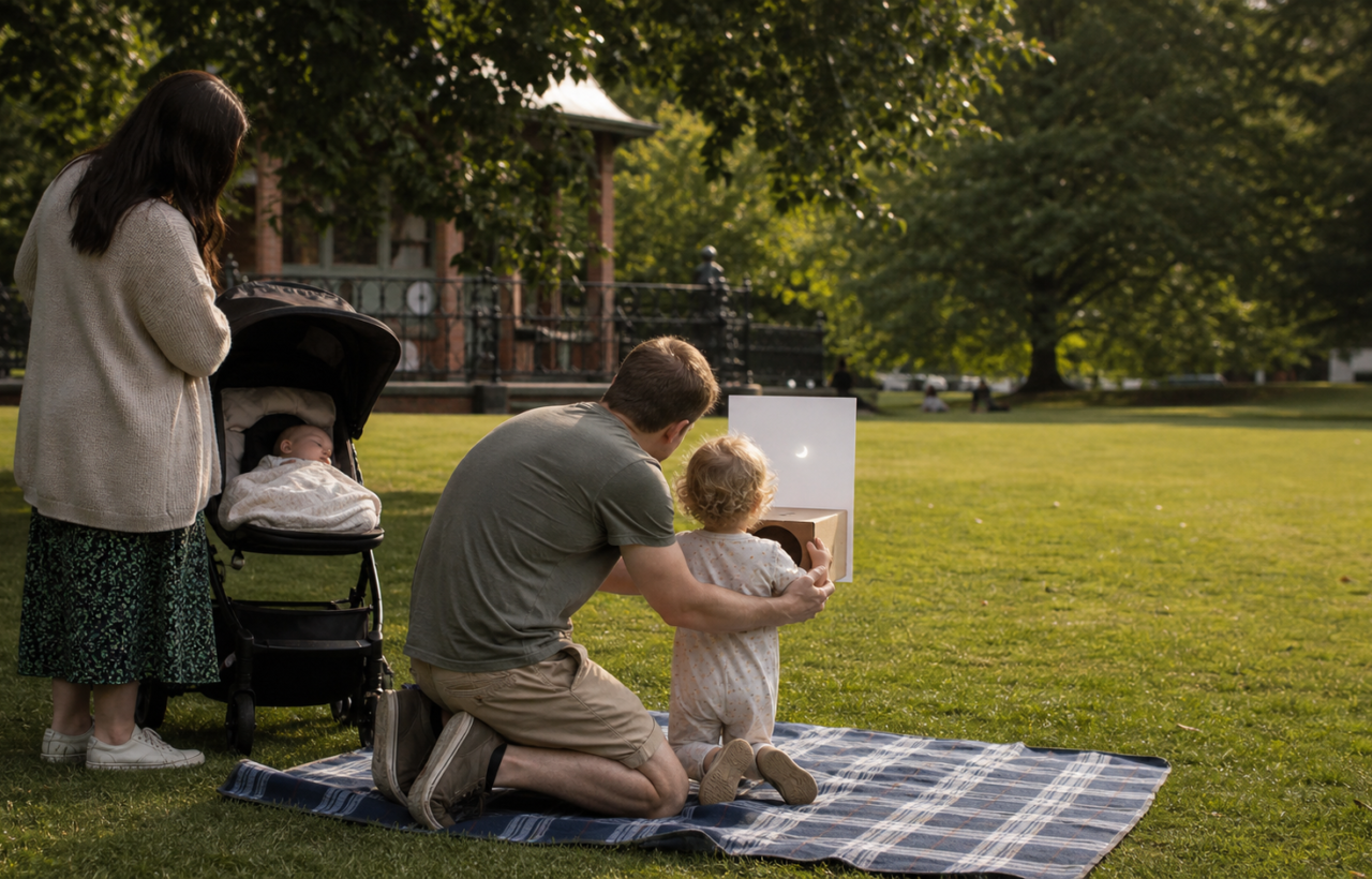 A parent helps a toddler watch a crescent-shaped solar projection on a card while a baby rests in a shaded pram in a British park.