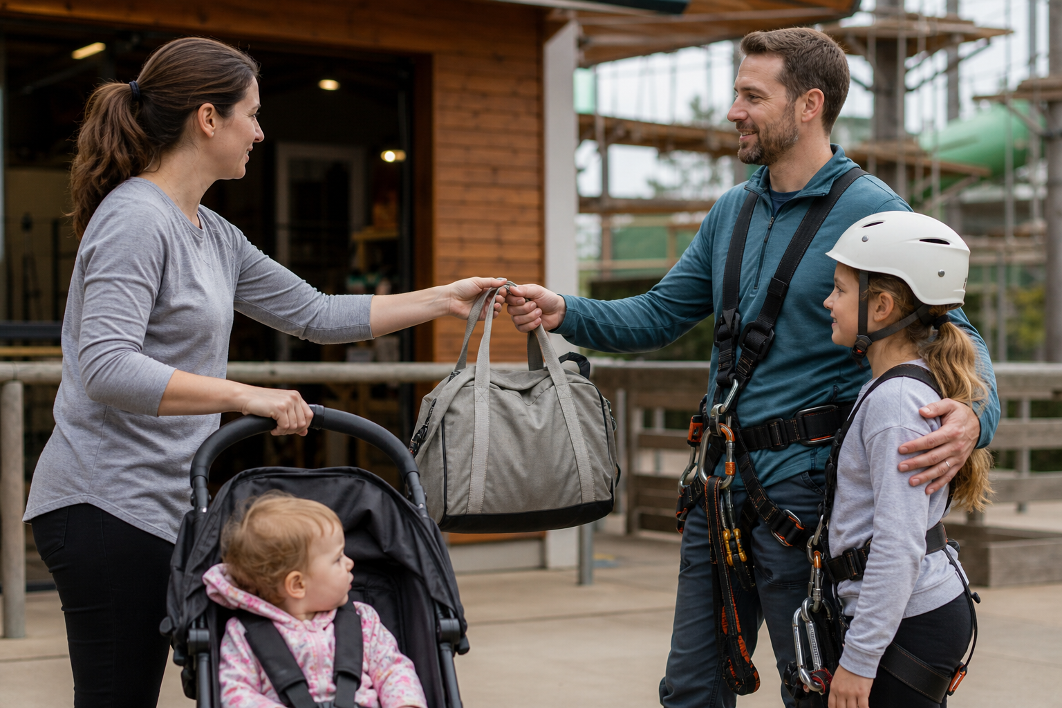 Two adults coordinate childcare at an adventure venue as one takes responsibility for a toddler and stroller while the other prepares to accompany an older child.