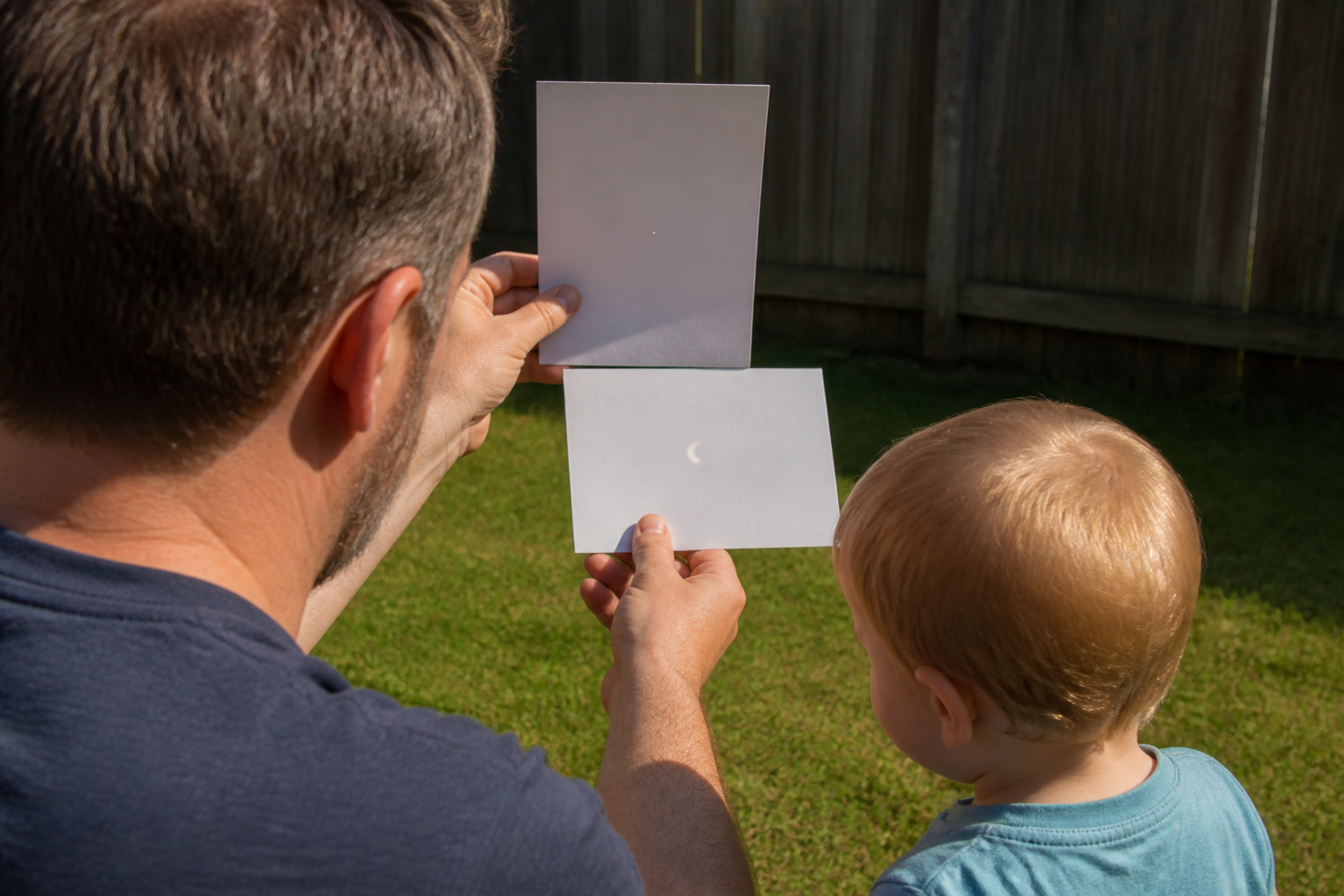 An adult uses two pieces of card to project a crescent image of the partially eclipsed Sun while a toddler looks down at the projection.