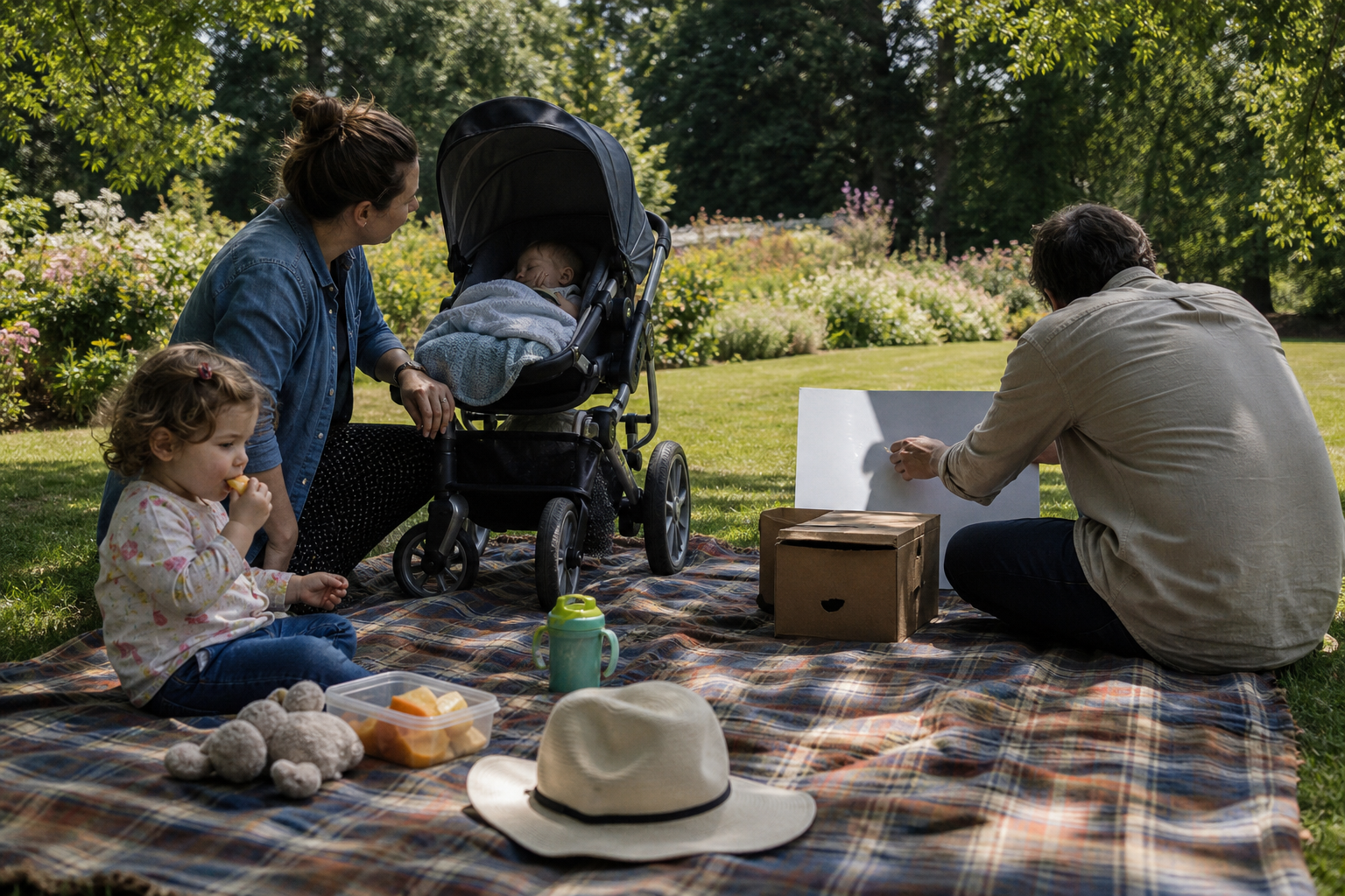 A toddler has a snack beside a sleeping baby in a shaded pram while caregivers prepare a pinhole projector in a British garden.