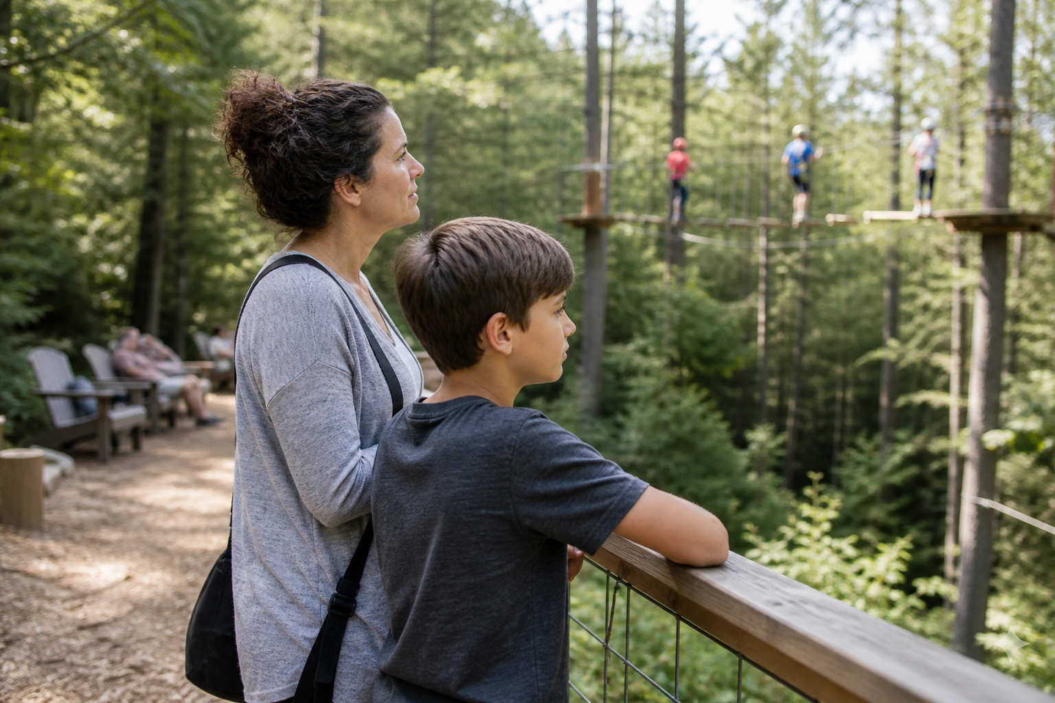 An older child and a parent pause at a viewing area to watch an aerial adventure activity before deciding whether to participate.