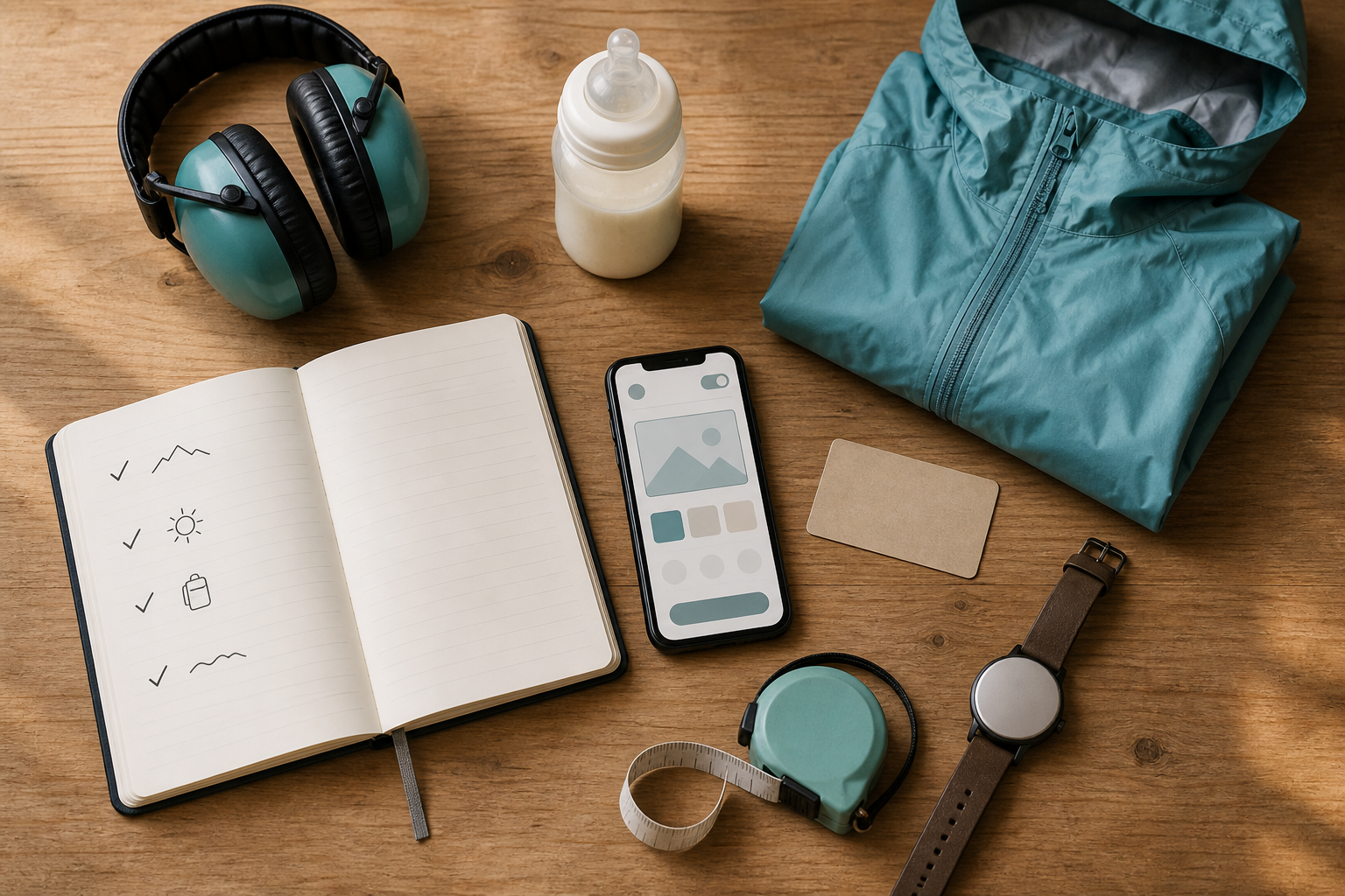A table holds a phone, blank planning notebook, payment card, measuring tape, watch, baby bottle, toddler ear defenders, and rain jacket for planning a family outing.