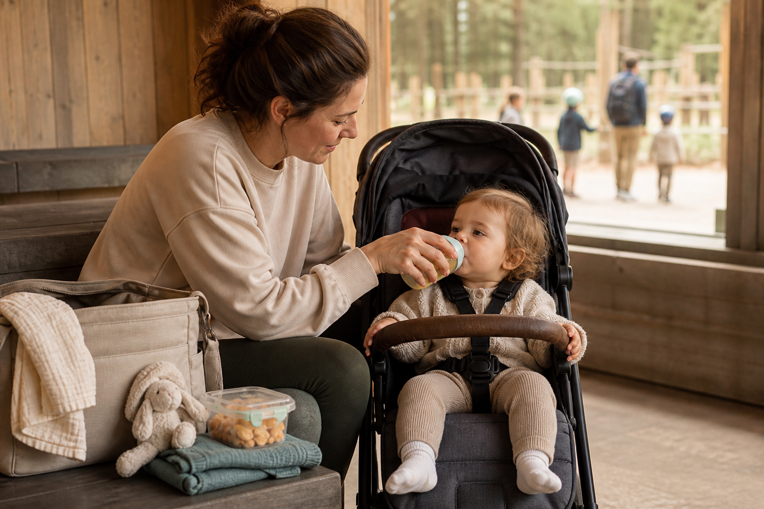 A caregiver gives a toddler a drink in a quiet seating area, with a stroller and essential childcare items nearby.