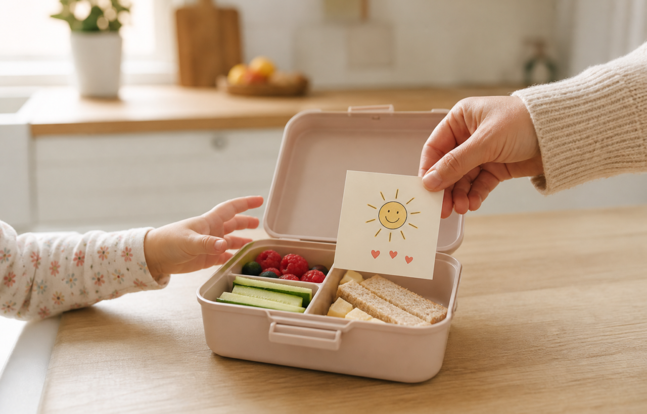 A caregiver places a picture note with a smiling sun and hearts inside an open toddler lunch box.