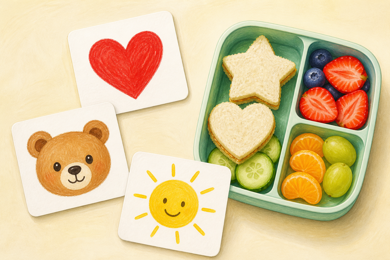 Three wordless lunch box notes show a heart, a smiling animal, and a sun beside a toddler's lunch container.