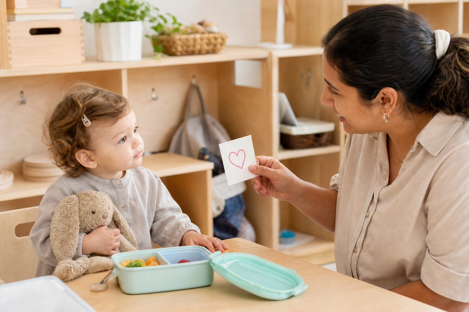A daycare educator shows a toddler a wordless heart note at a low lunch table.