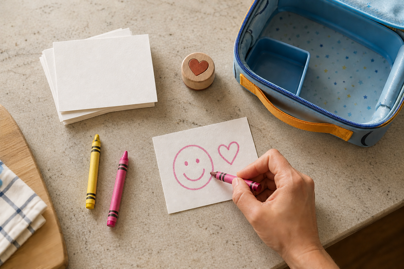 A caregiver makes a simple picture note beside a small stack of cards, crayons, and an open lunch box.