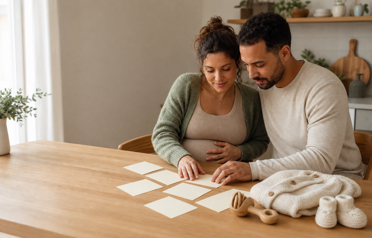 Expectant parents arrange blank cards beside baby booties, a wooden rattle, and a knitted garment on a kitchen table.