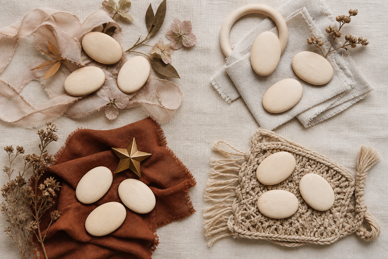 Four groups of blank tokens are arranged with ribbons, leaves, wood, fabric, and woven keepsakes to represent different naming styles.
