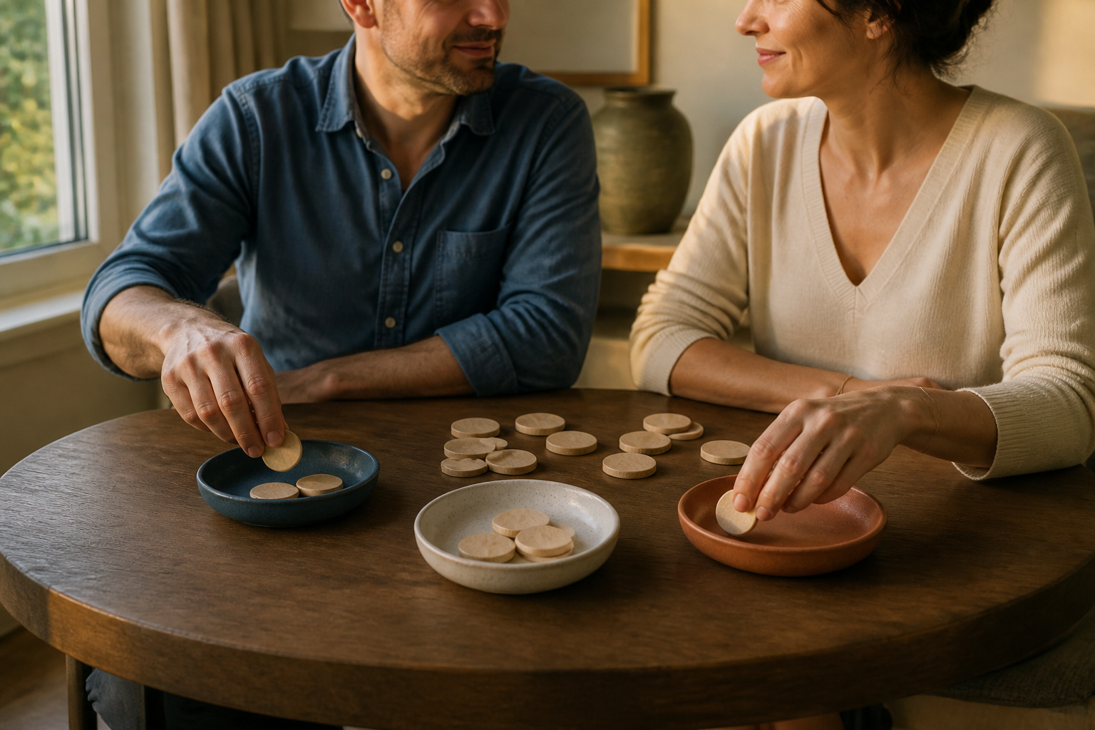 Two adults calmly sort blank wooden tokens into ceramic dishes at a round table.