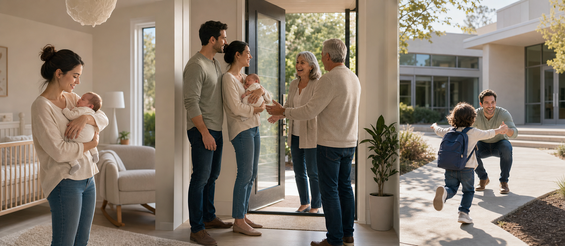 Three connected scenes show a family using a child's identity at home with a newborn, during a family greeting, and outside a school as the child grows.