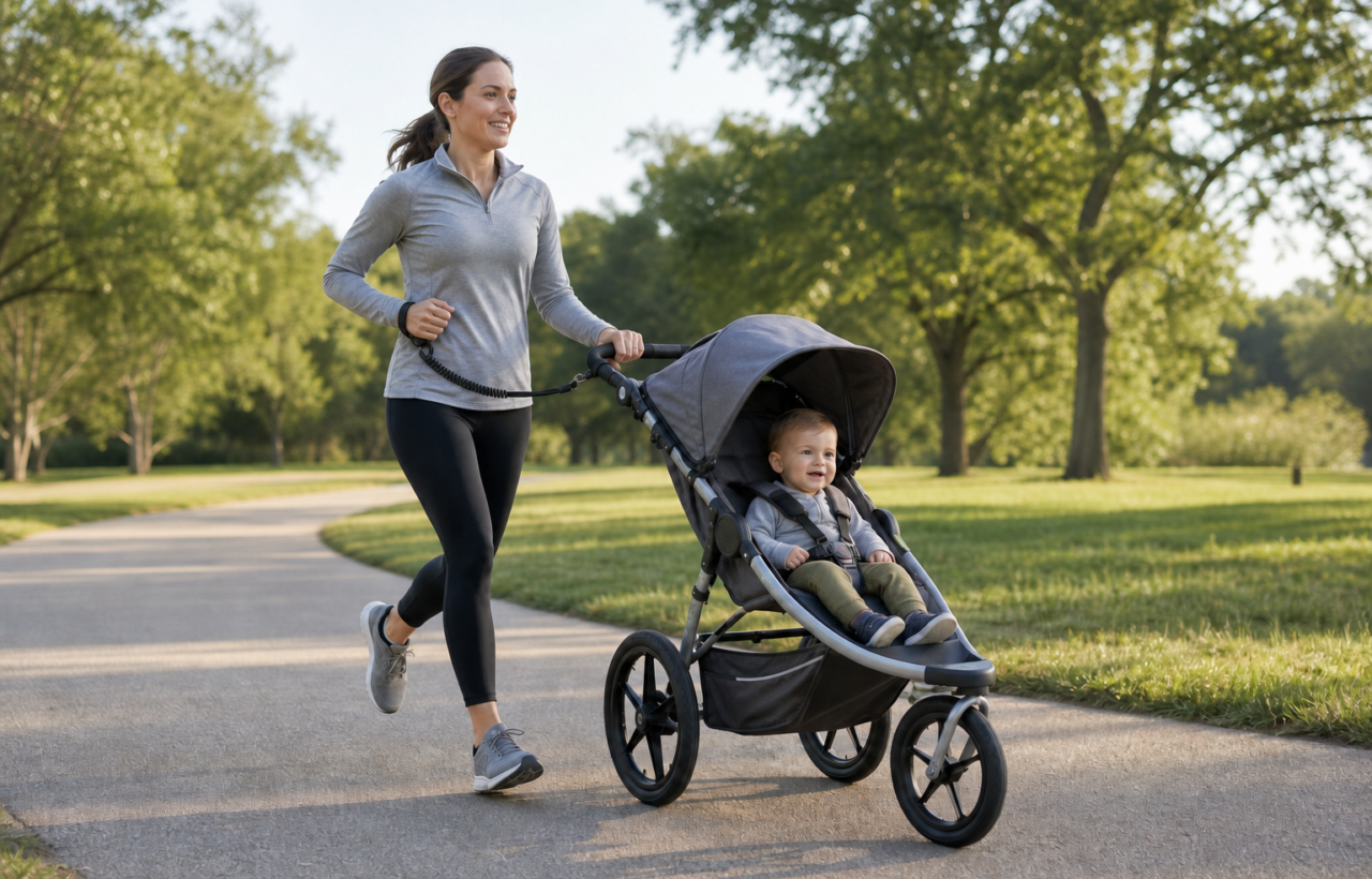 A parent jogs along a park path while a securely harnessed toddler rides in a three-wheel jogging stroller.