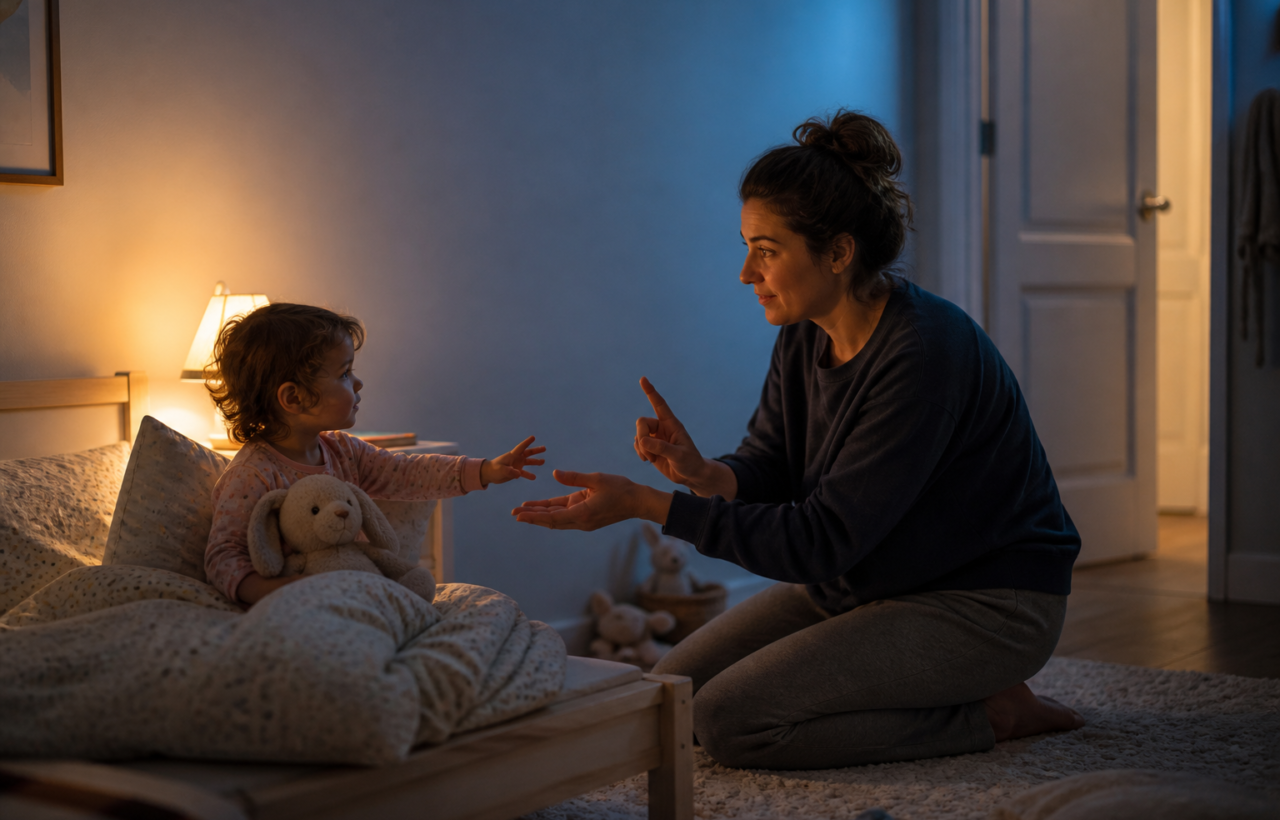 A parent calmly reassures a toddler sitting in bed with a stuffed rabbit at bedtime.