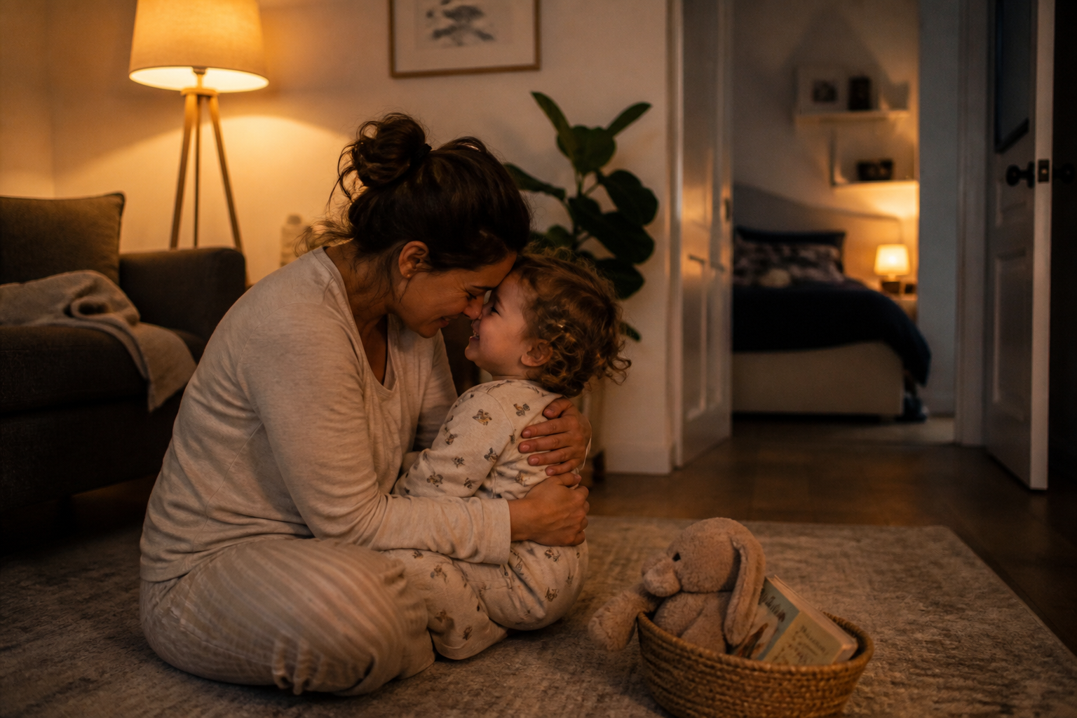 A parent and pajama-clad toddler share a quiet cuddle on the floor before going to the bedroom.