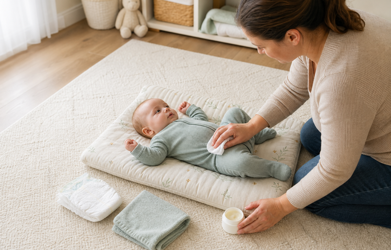 Caregiver gently drying an infant on a floor-level changing mat beside a fresh diaper and an unbranded jar of barrier ointment.