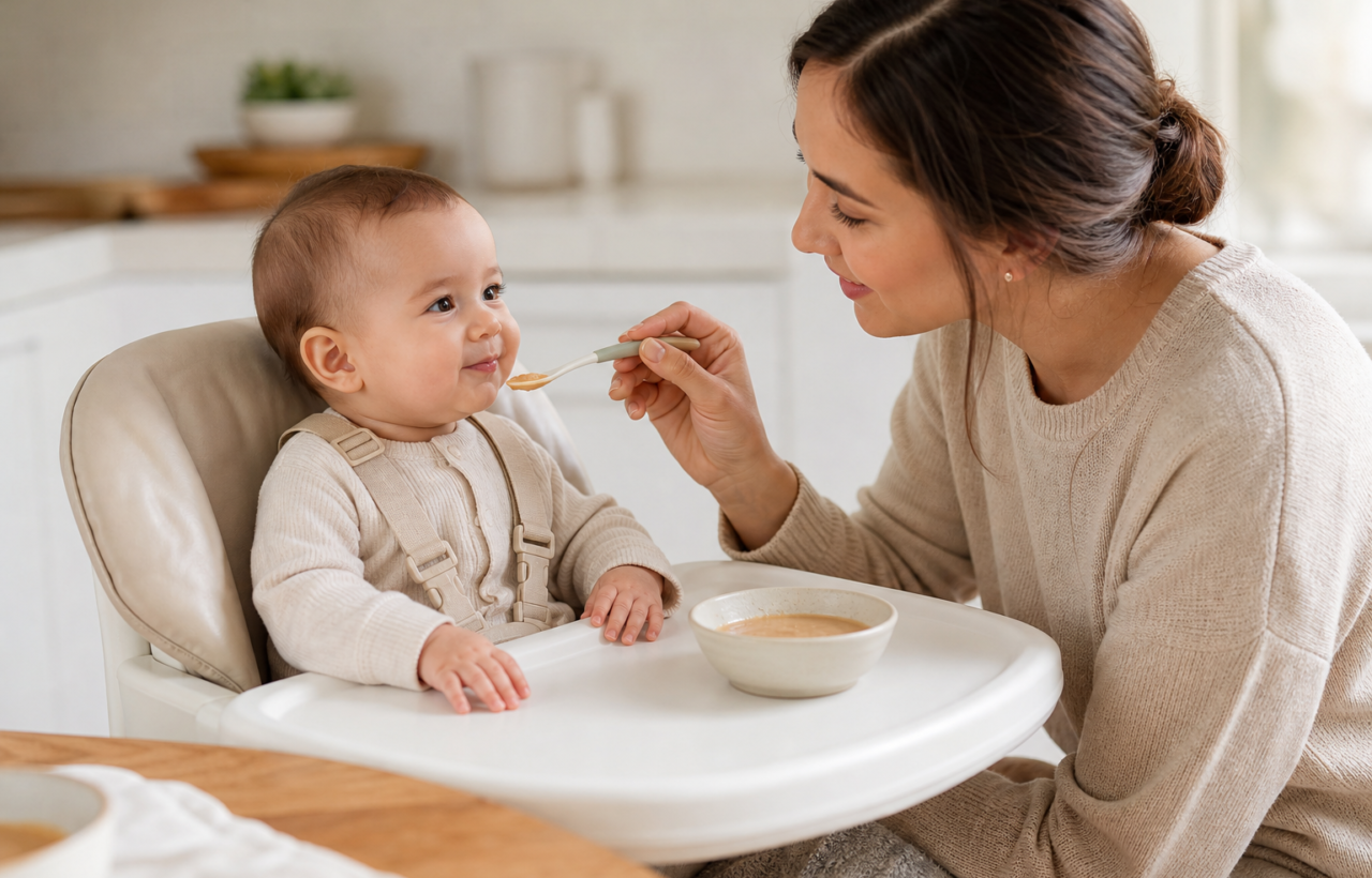 A caregiver closely supervises an infant in a high chair while offering a small spoonful of smooth, thinned peanut puree.