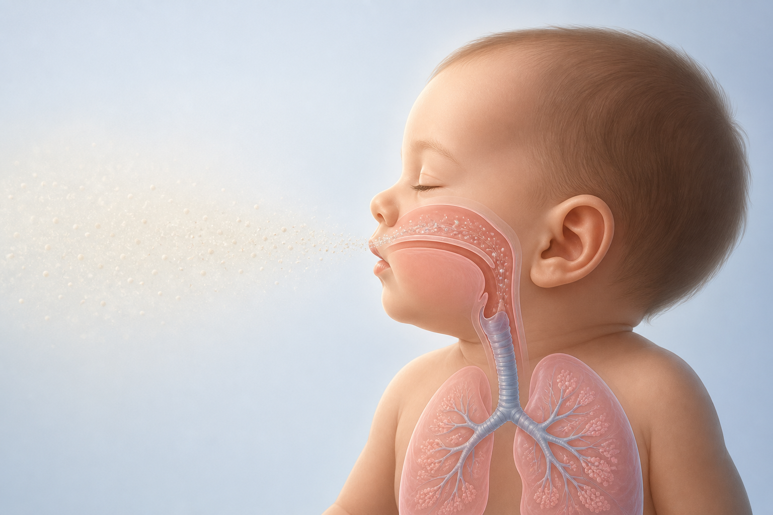 Medical illustration of fine airborne powder particles drifting toward an infant's nose and entering the upper airway.
