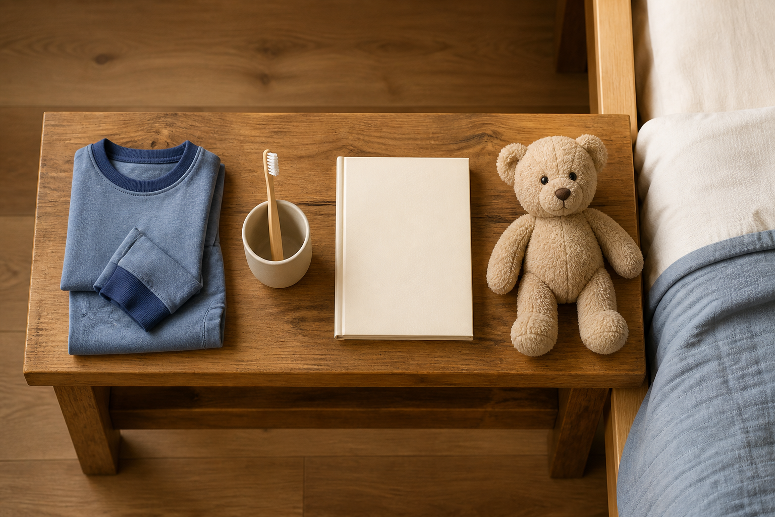 Pajamas, a toothbrush, one closed picture book and a stuffed bear are arranged beside a toddler bed.