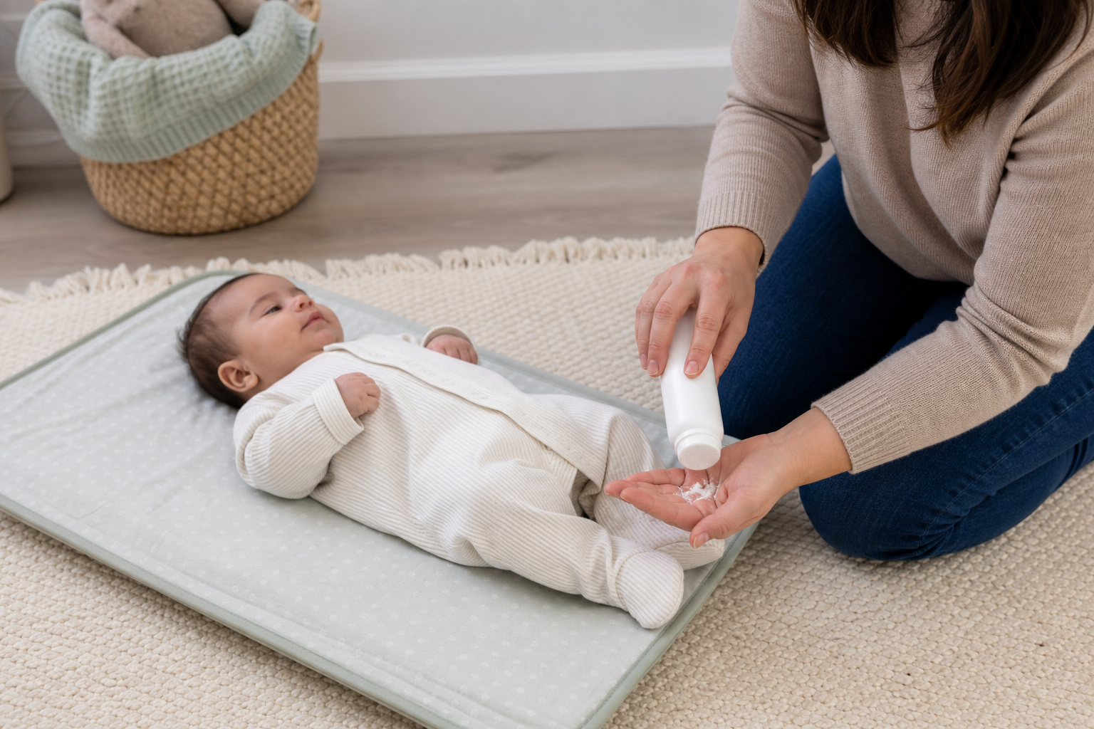 Caregiver dispensing a small amount of powder into a cupped hand near an infant's feet and away from the infant's face.
