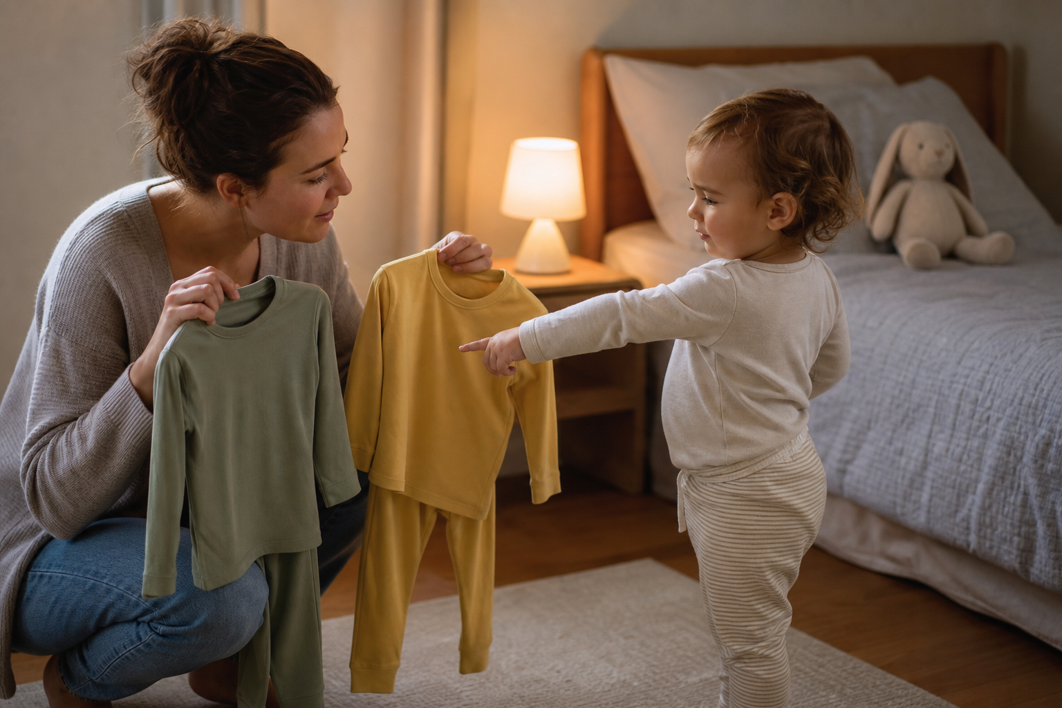 A toddler points to one of two pairs of pajamas offered by a crouching parent in the bedroom.