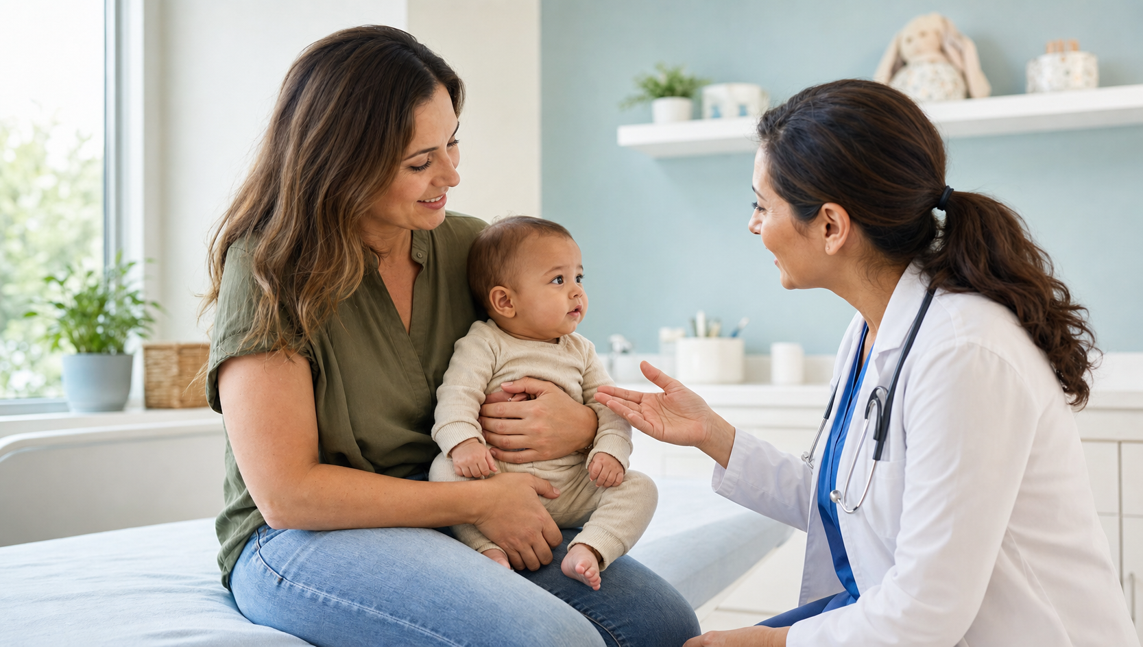 A caregiver holding an infant speaks with a pediatric clinician in a bright examination room.