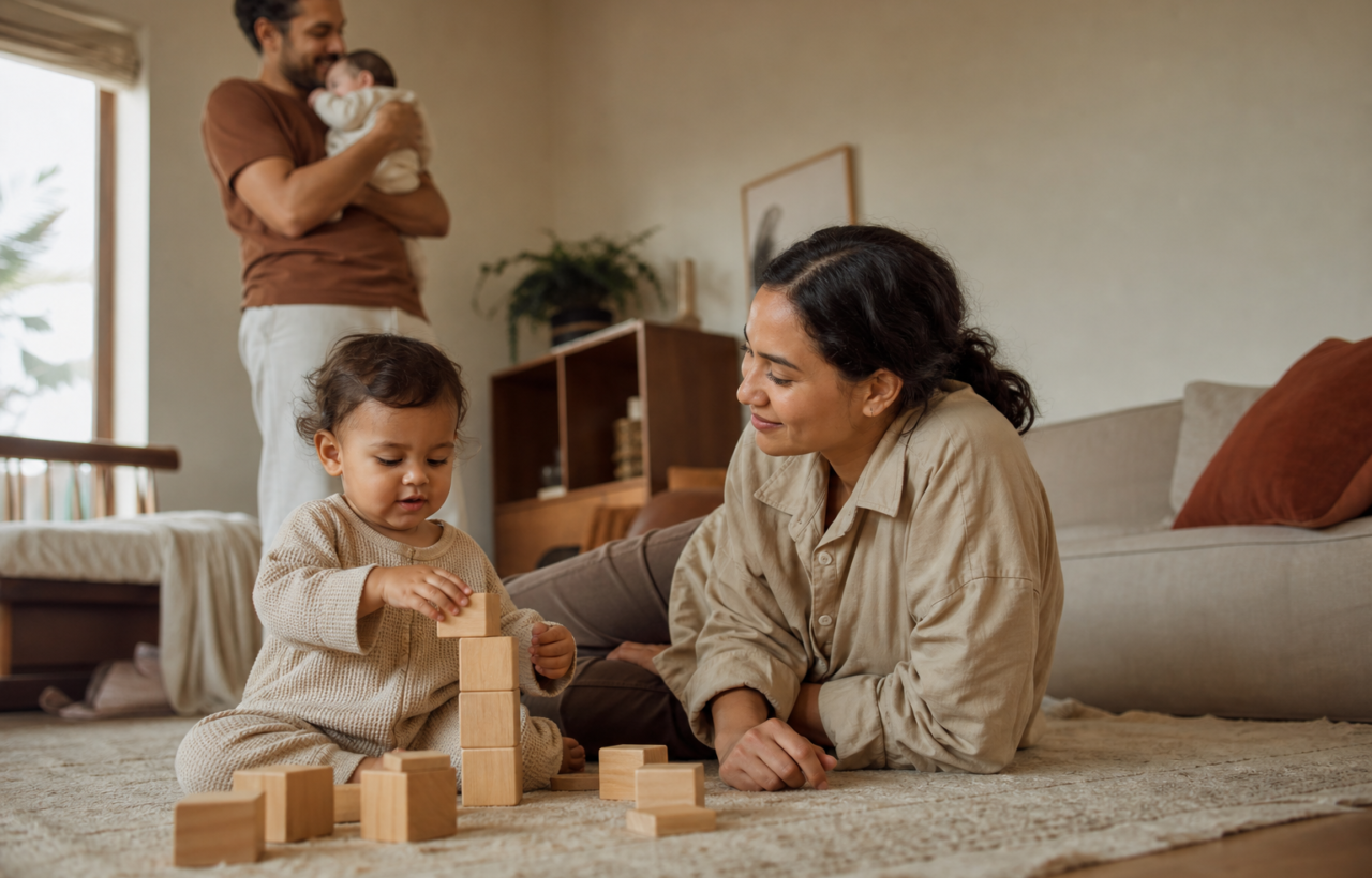 A toddler plays with wooden blocks on a living room rug while a parent sits nearby and a baby rests with another parent in the background.