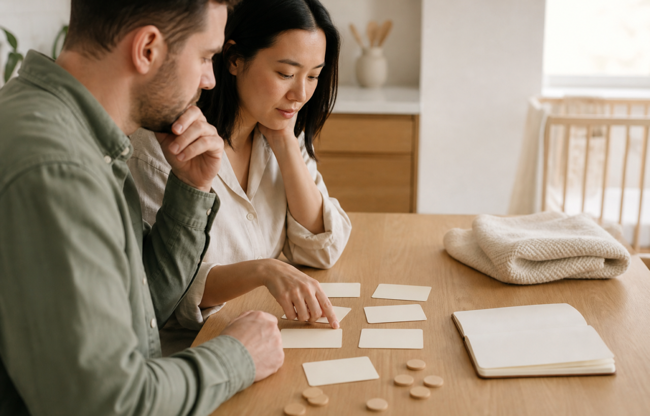 Two expectant parents sort blank cards and wooden tokens together at a sunlit kitchen table.