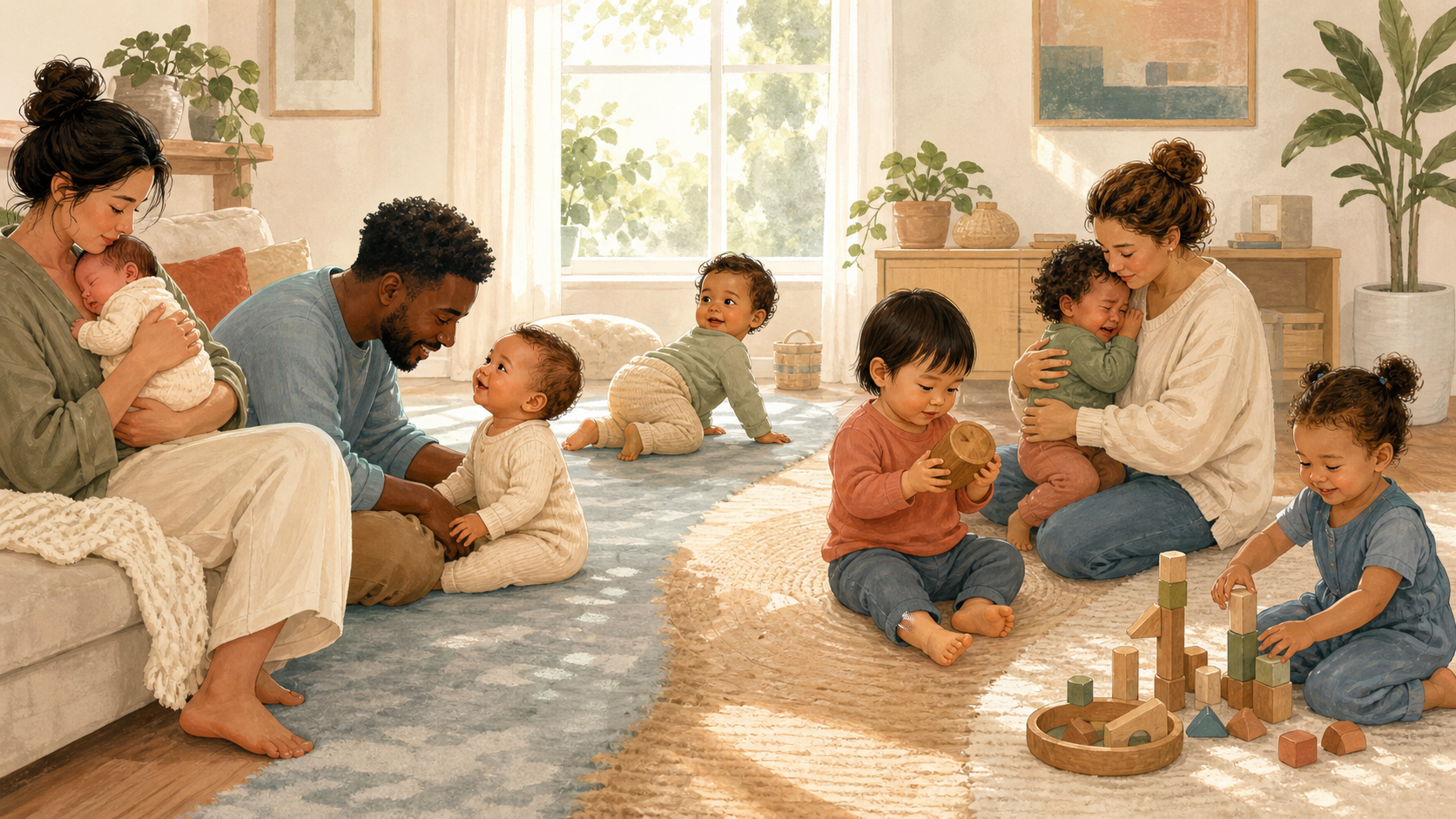 An illustrated sequence shows babies and toddlers resting with caregivers, making eye contact, exploring, seeking comfort, and returning to play.