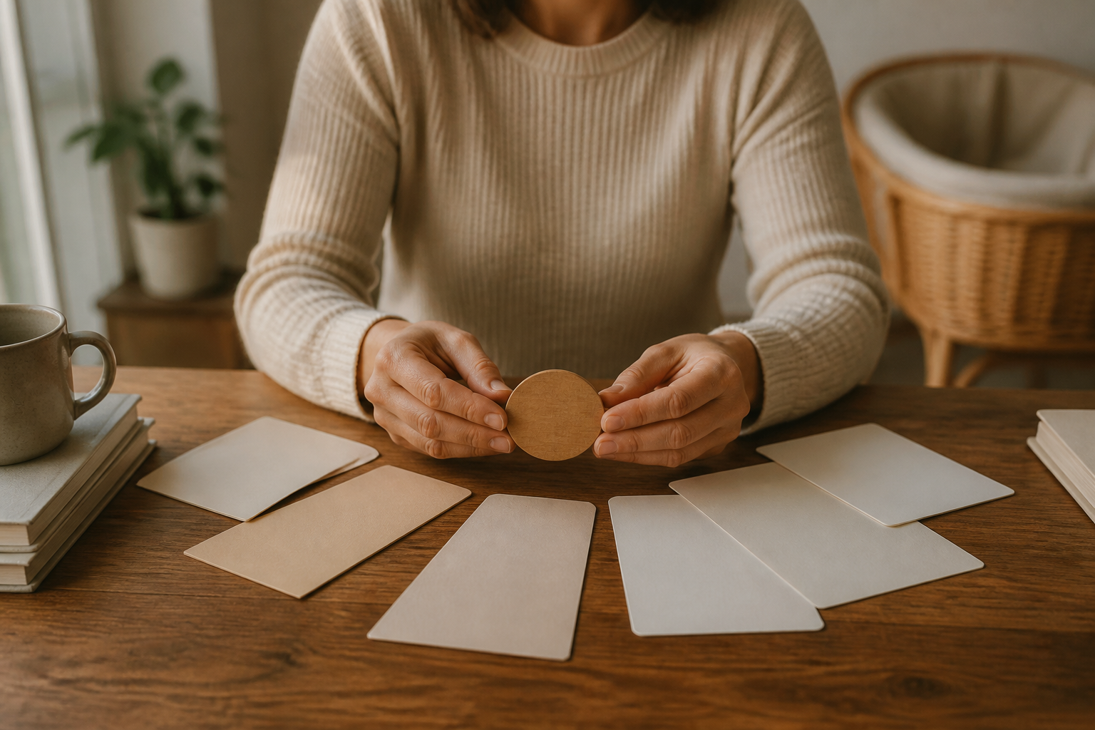 A parent holds one wooden token above several differently shaped blank cards on a desk.